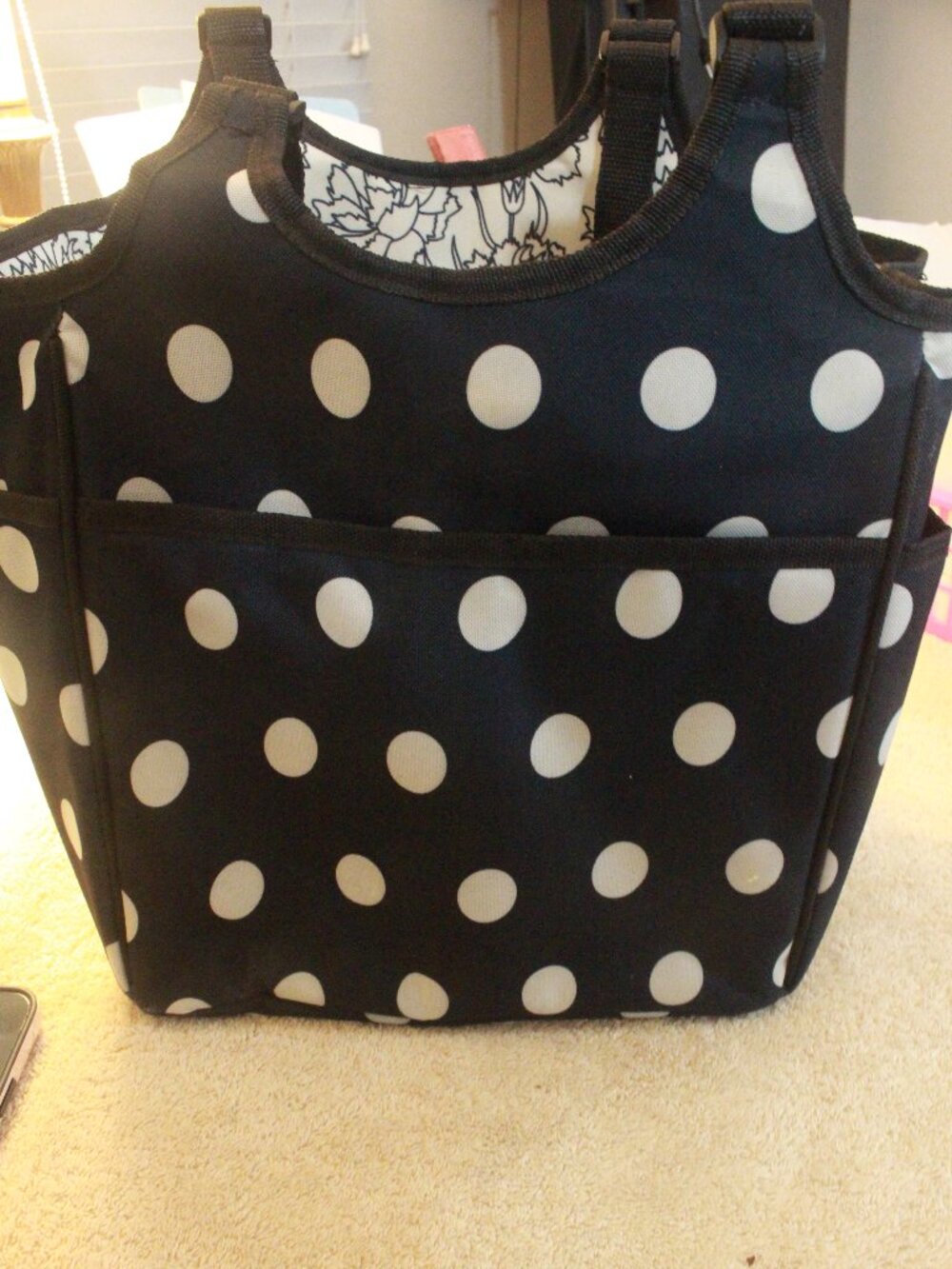 Black & White Polka Dot Organizer Tote with Floral Lining